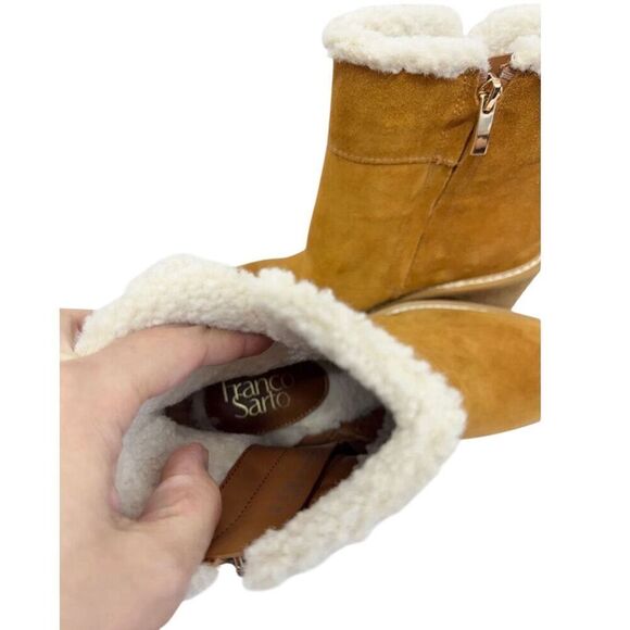 Franco Sarto Boots Size 8 Tan Leather Suede Shearling Wedge Heel Booties - Picture 8 of 9